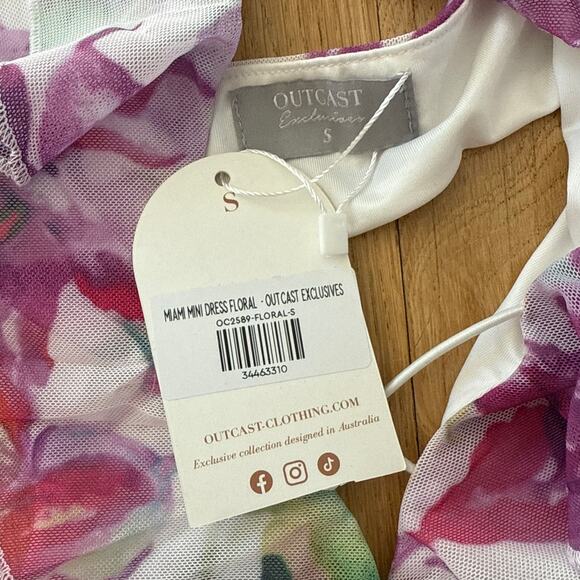 Outcast Exclusives Mini Dress Floral Cut Out Miami Size S White Pink - Picture 2 of 5